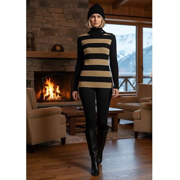 Lauren by Ralph Lauren - Black & gold long sleeve striped turtleneck sweater - Picture 2 of 12